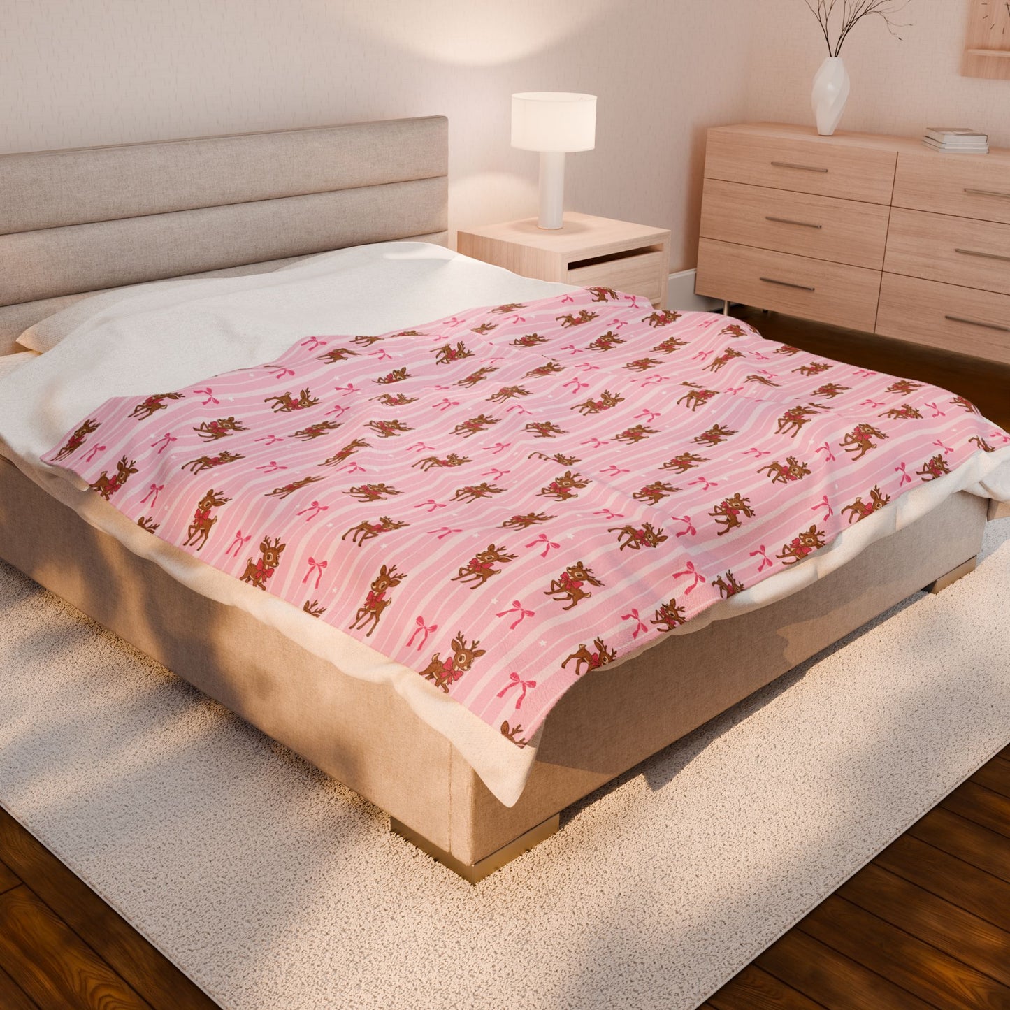 Reindeer and Pink Bows Velveteen Throw Blanket