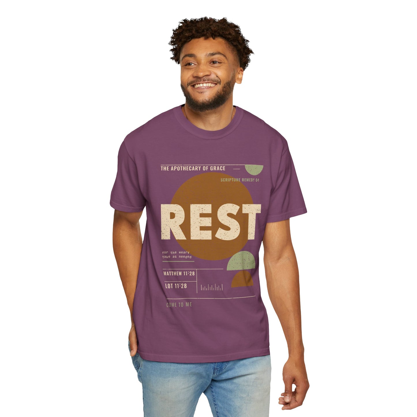 Rest - Retro Mid-Century Scripture Unisex T-Shirt, Matthew 11:28 Bible Verse Tee, Christian Gift for Burnout, Modern Graphic Faith Apparel