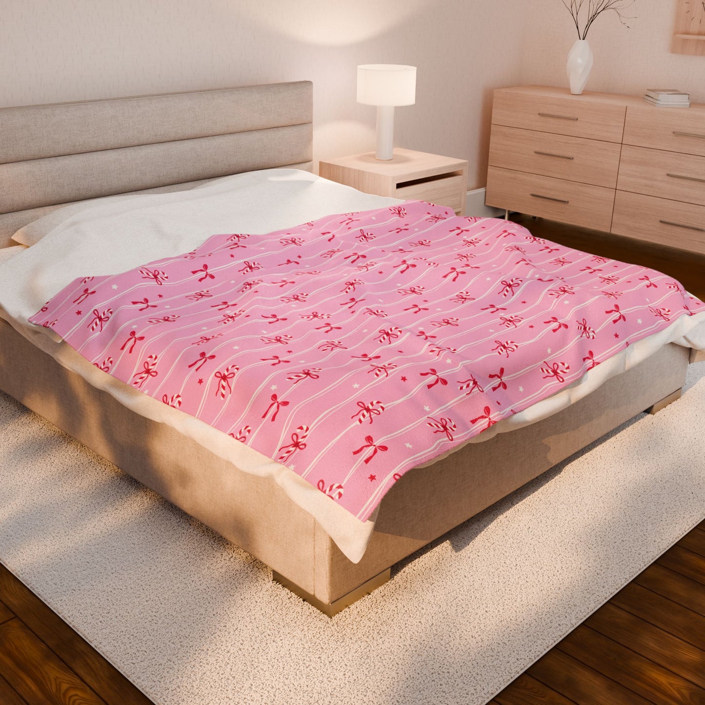Candy Cane Bows Velveteen Throw Blanket