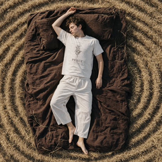 A man lies on a dark brown blanket on a circular field of dry grass, wearing a white t-shirt with a graphic print and white pants.