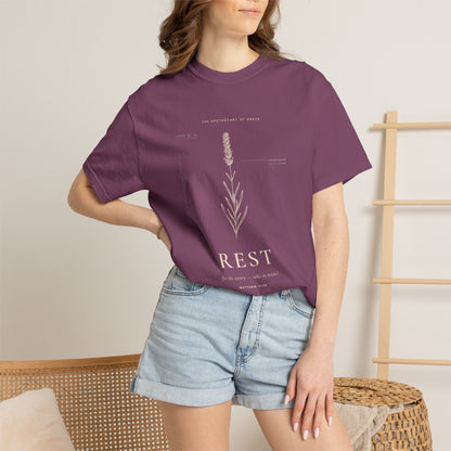 Rest - Vintage Botanical Scripture Unisex T-Shirt, Matthew 11:28 Bible Verse Tee, Christian Gift for Burnout, Editorial Faith Apparel