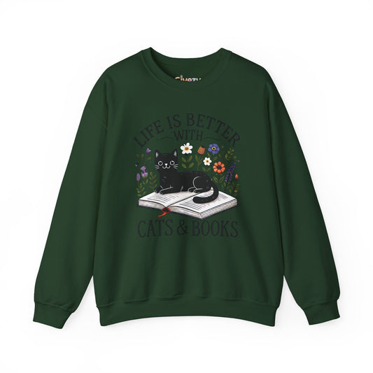 Life Is Better With Cats & Books Crewneck Sweatshirt
