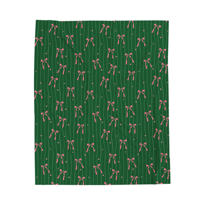 Pink Bows on Evergreen Velveteen Throw Blanket