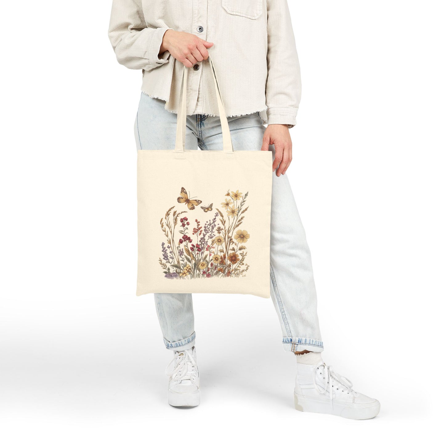 Goldene Wildblume & Schmetterling – Einkaufstasche aus Segeltuch (2 Farben)