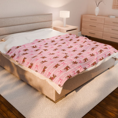 Reindeer and Pink Bows Velveteen Throw Blanket
