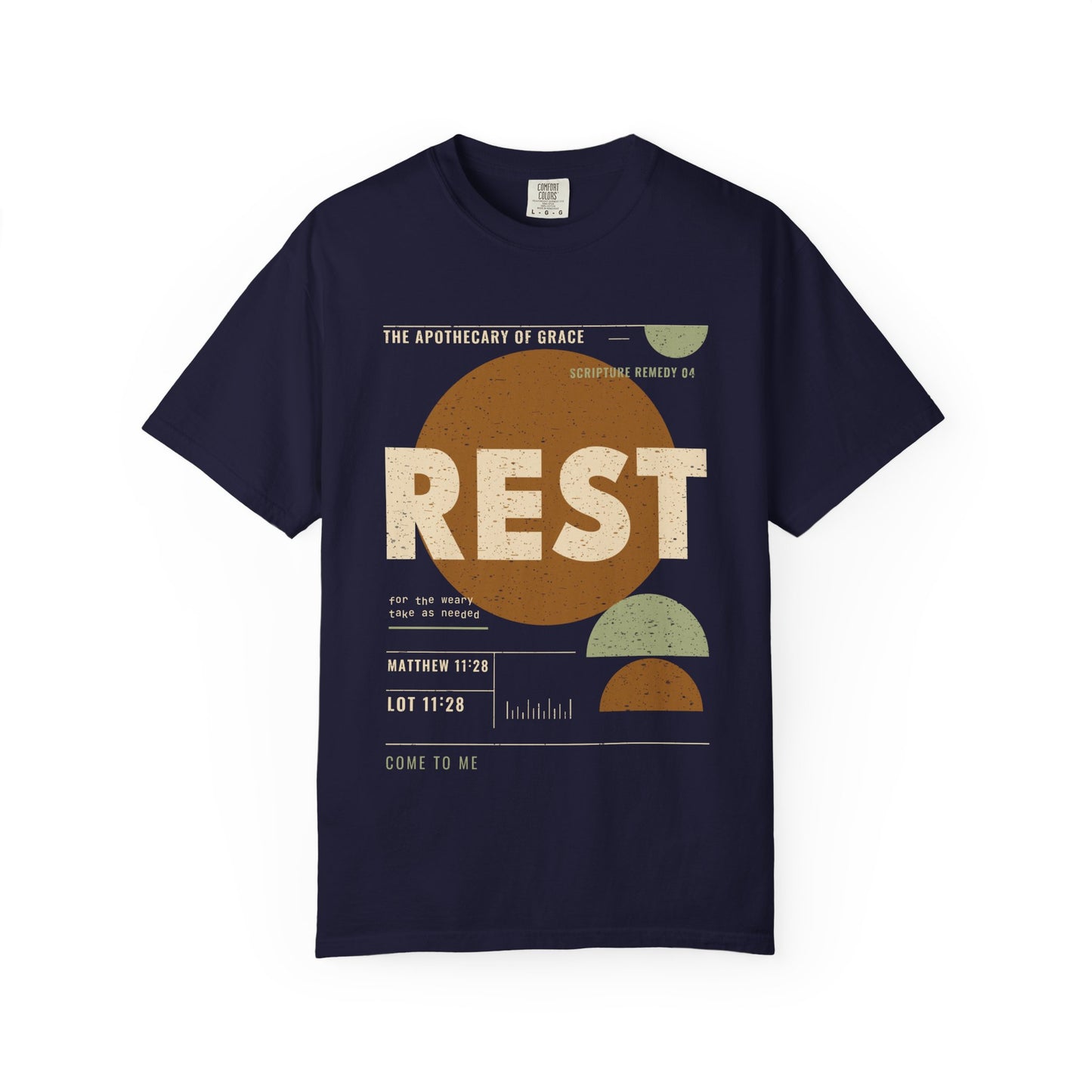 Rest - Retro Mid-Century Scripture Unisex T-Shirt, Matthew 11:28 Bible Verse Tee, Christian Gift for Burnout, Modern Graphic Faith Apparel