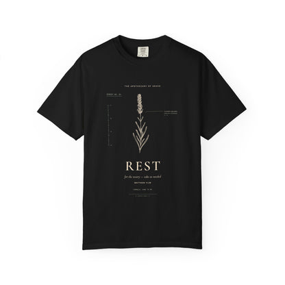 Rest - Vintage Botanical Scripture Unisex T-Shirt, Matthew 11:28 Bible Verse Tee, Christian Gift for Burnout, Editorial Faith Apparel