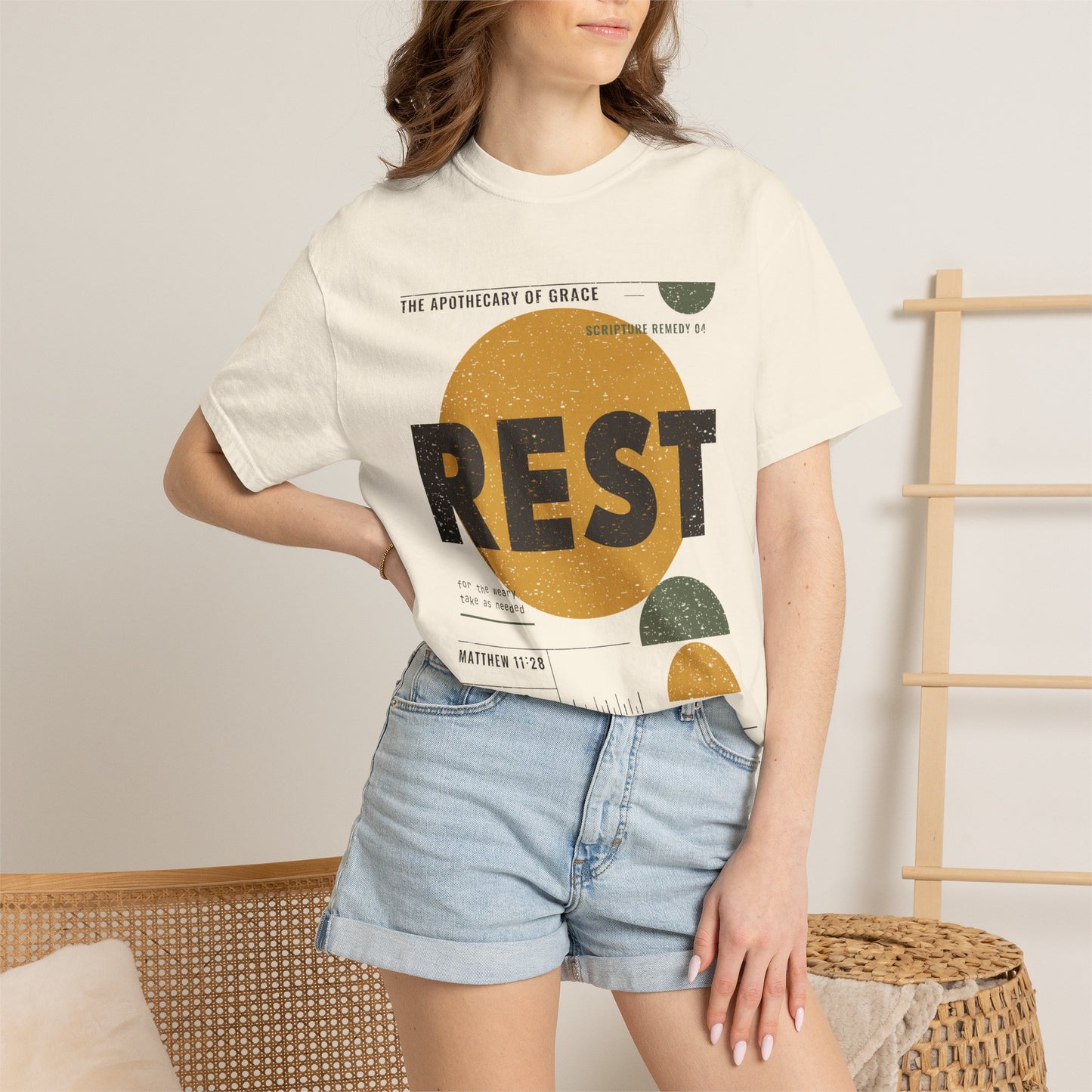 Rest - Retro Mid-Century Scripture Unisex T-Shirt, Matthew 11:28 Bible Verse Tee, Christian Gift for Burnout, Modern Graphic Faith Apparel