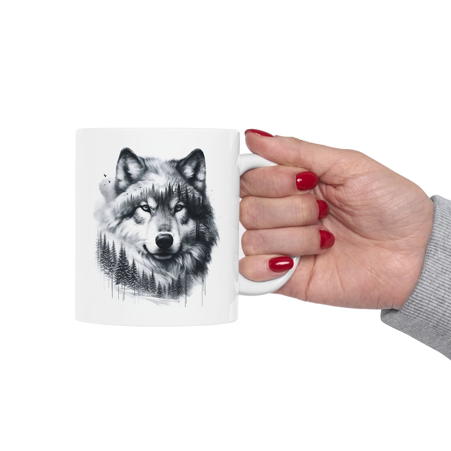Monochromer Wolfswald – Weiße Tasse (325 ml/443 ml)