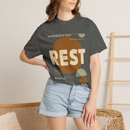 Rest - Retro Mid-Century Scripture Unisex T-Shirt, Matthew 11:28 Bible Verse Tee, Christian Gift for Burnout, Modern Graphic Faith Apparel