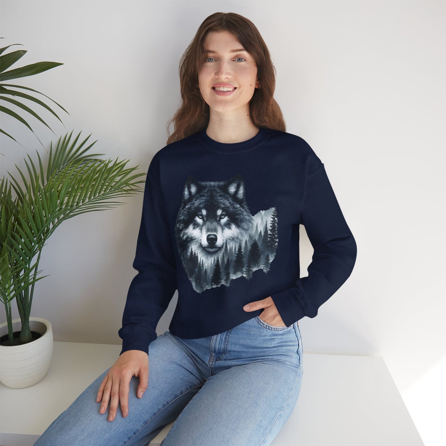 Mitternachtswolf Wald Unisex Rundhals-Sweatshirt