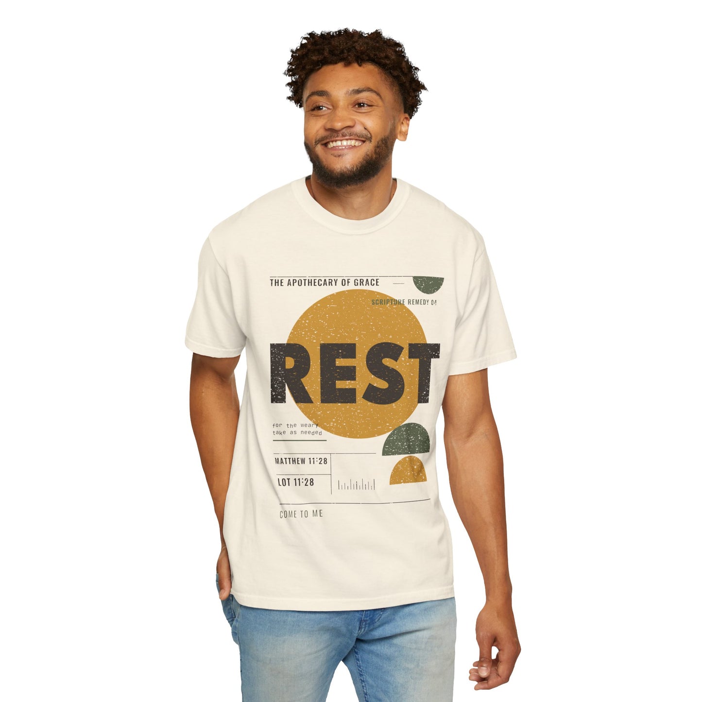 Rest - Retro Mid-Century Scripture Unisex T-Shirt, Matthew 11:28 Bible Verse Tee, Christian Gift for Burnout, Modern Graphic Faith Apparel