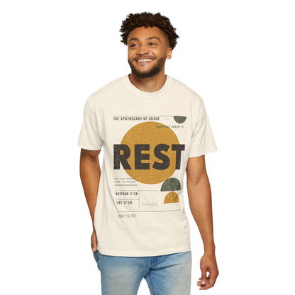 Rest - Retro Mid-Century Scripture Unisex T-Shirt, Matthew 11:28 Bible Verse Tee, Christian Gift for Burnout, Modern Graphic Faith Apparel