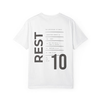 Rest - Personalized Number Scripture Unisex T-Shirt, Matthew 11:28 Bible Verse Tee, Christian Gift for Burnout, Modern Streetwear Faith
