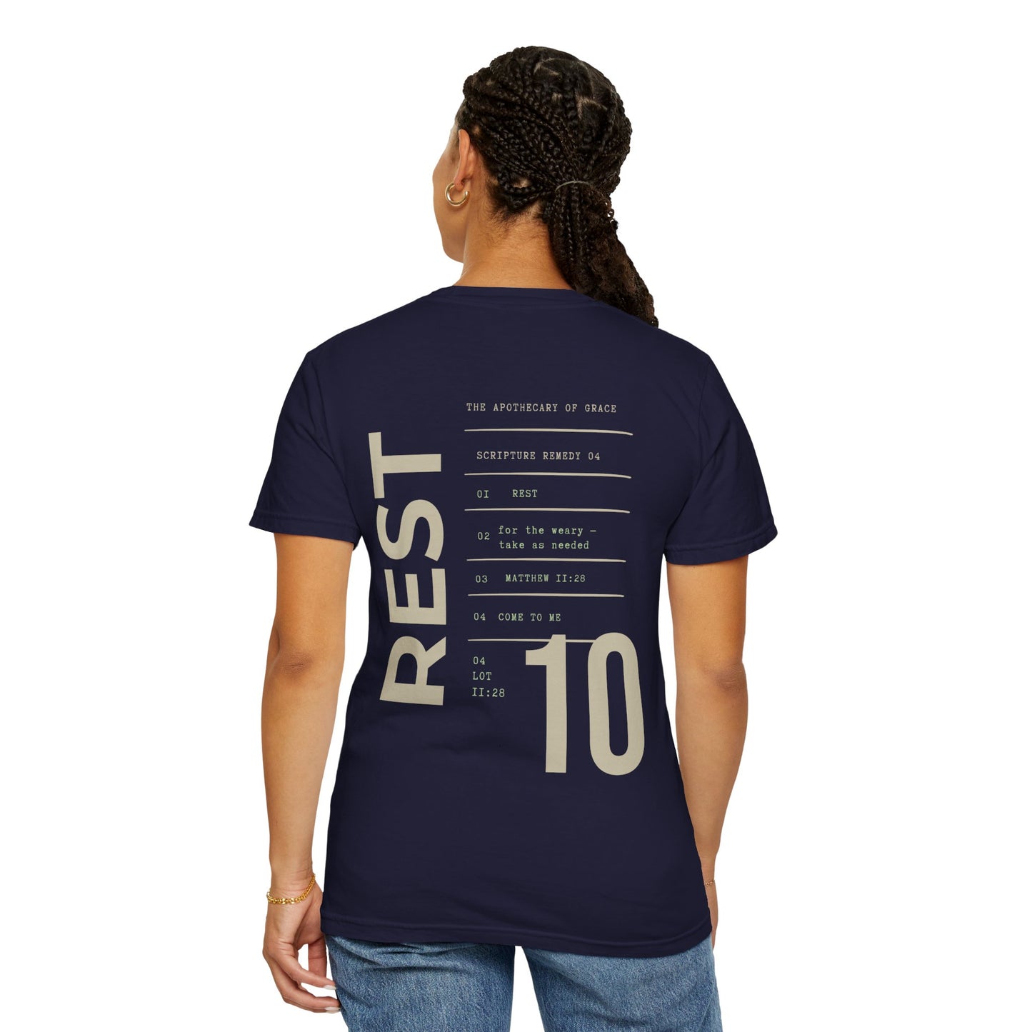 Rest - Personalized Number Scripture Unisex T-Shirt, Matthew 11:28 Bible Verse Tee, Christian Gift for Burnout, Modern Streetwear Faith