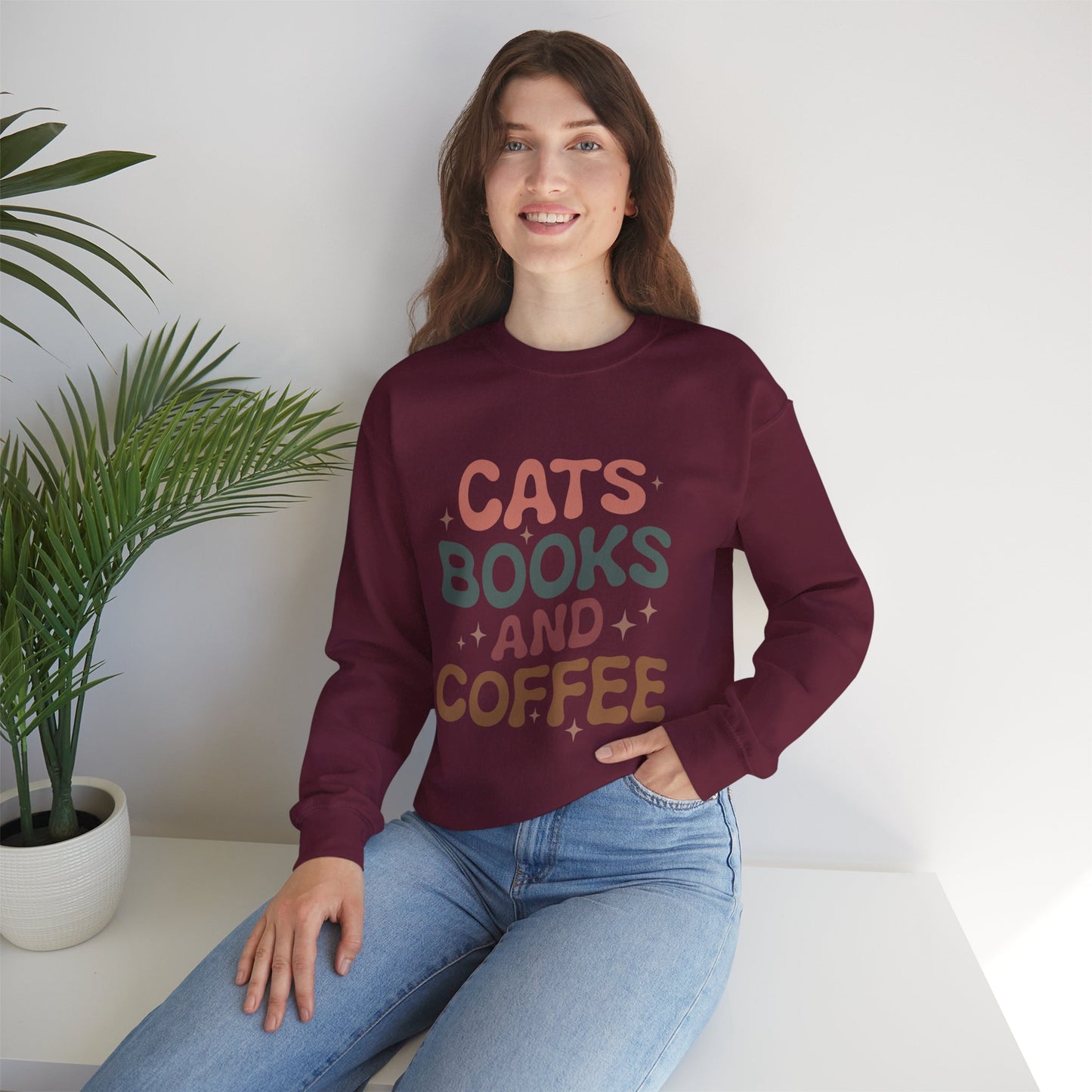 Katzen, Bücher und Kaffee Rundhals-Sweatshirt