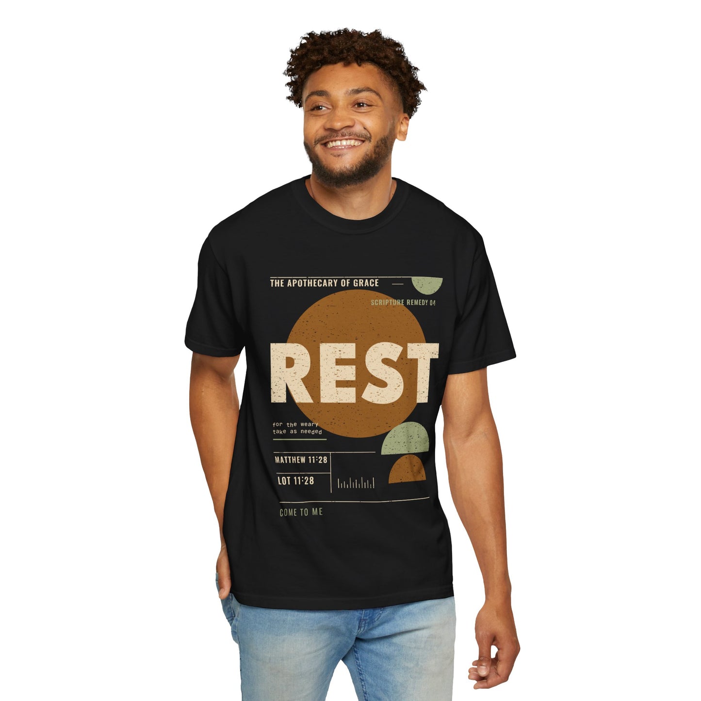 Rest - Retro Mid-Century Scripture Unisex T-Shirt, Matthew 11:28 Bible Verse Tee, Christian Gift for Burnout, Modern Graphic Faith Apparel
