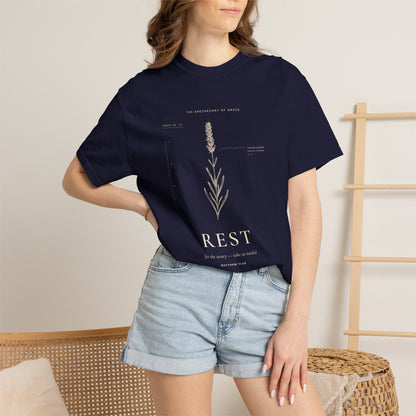 Rest - Vintage Botanical Scripture Unisex T-Shirt, Matthew 11:28 Bible Verse Tee, Christian Gift for Burnout, Editorial Faith Apparel
