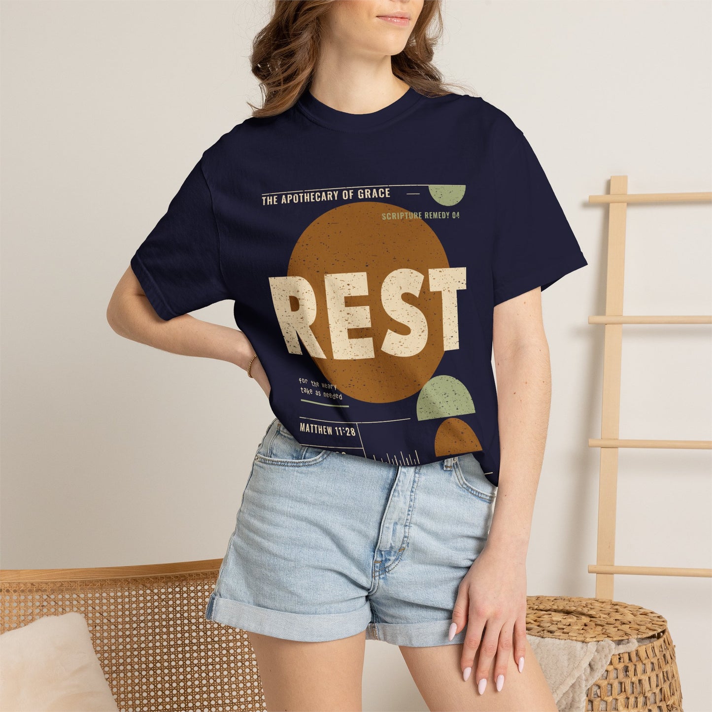 Rest - Retro Mid-Century Scripture Unisex T-Shirt, Matthew 11:28 Bible Verse Tee, Christian Gift for Burnout, Modern Graphic Faith Apparel