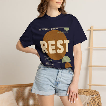 Rest - Retro Mid-Century Scripture Unisex T-Shirt, Matthew 11:28 Bible Verse Tee, Christian Gift for Burnout, Modern Graphic Faith Apparel