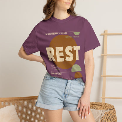 Rest - Retro Mid-Century Scripture Unisex T-Shirt, Matthew 11:28 Bible Verse Tee, Christian Gift for Burnout, Modern Graphic Faith Apparel