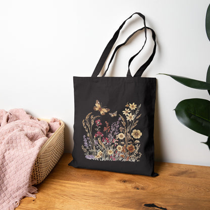 Goldene Wildblume & Schmetterling – Einkaufstasche aus Segeltuch (2 Farben)