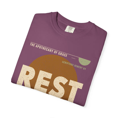 Rest - Retro Mid-Century Scripture Unisex T-Shirt, Matthew 11:28 Bible Verse Tee, Christian Gift for Burnout, Modern Graphic Faith Apparel