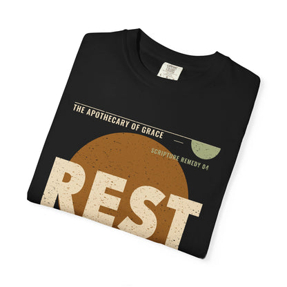 Rest - Retro Mid-Century Scripture Unisex T-Shirt, Matthew 11:28 Bible Verse Tee, Christian Gift for Burnout, Modern Graphic Faith Apparel