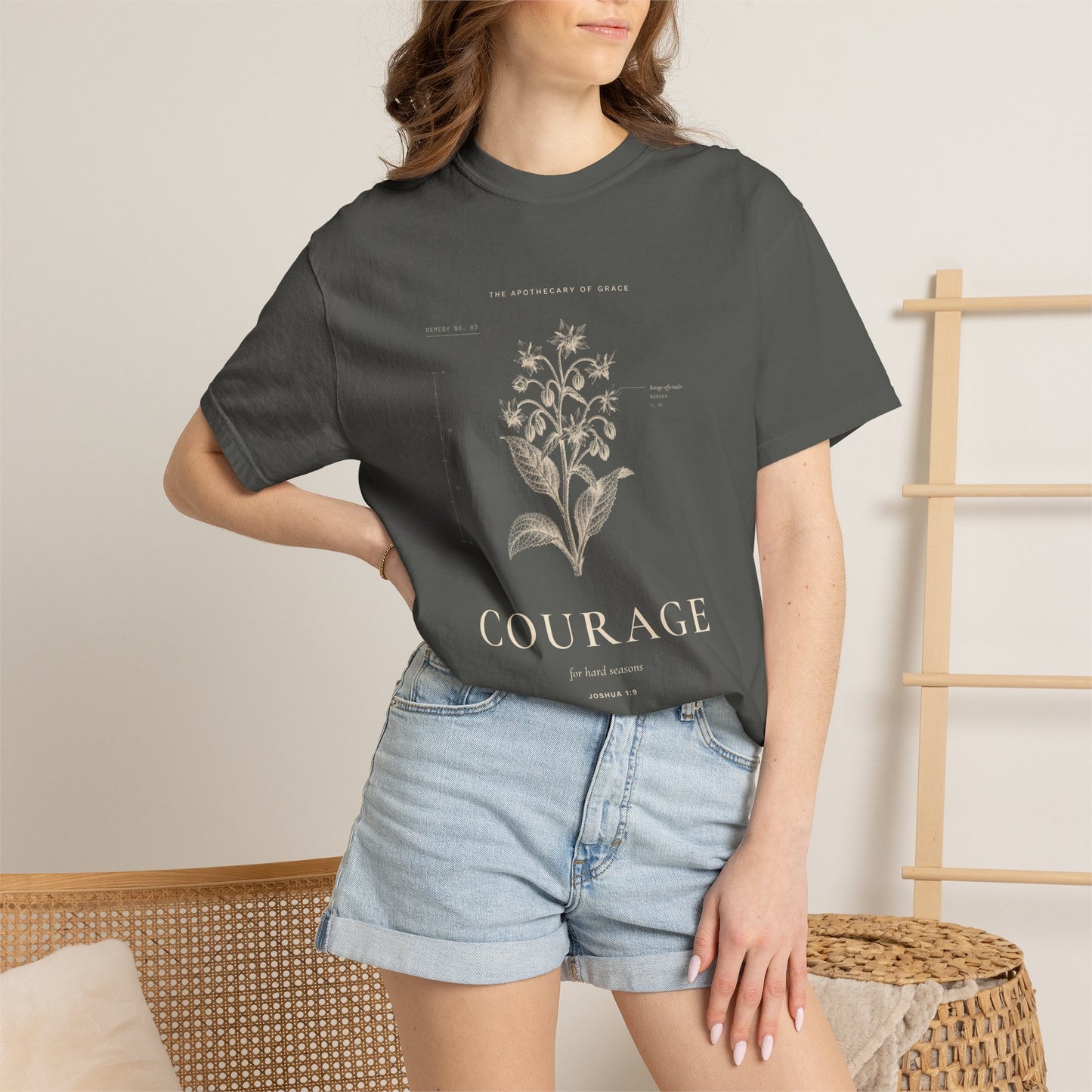 Courage - Vintage Botanical Scripture Unisex T-Shirt, Joshua 1:9 Bible Verse Tee, Christian Gift for Hard Times, Editorial Faith Apparel
