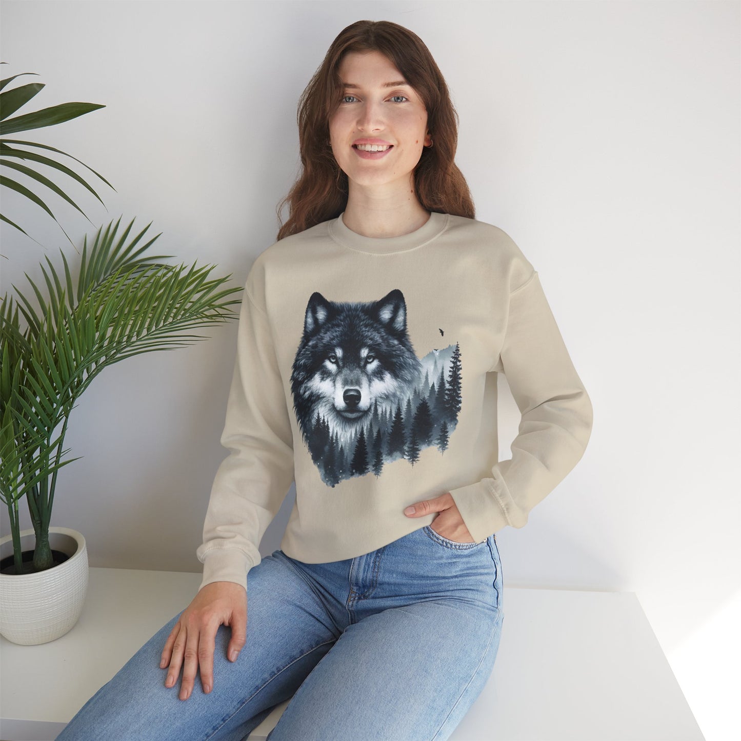 Mitternachtswolf Wald Unisex Rundhals-Sweatshirt