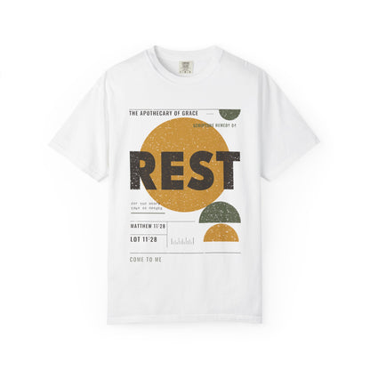 Rest - Retro Mid-Century Scripture Unisex T-Shirt, Matthew 11:28 Bible Verse Tee, Christian Gift for Burnout, Modern Graphic Faith Apparel