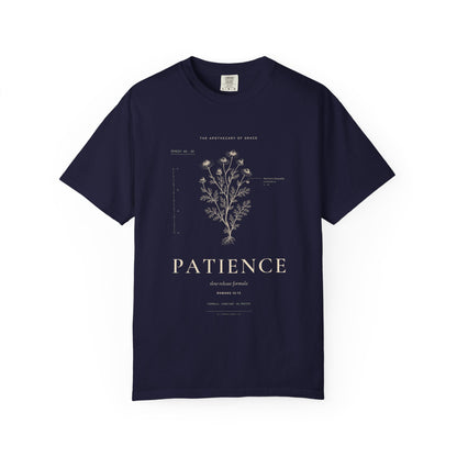Patience - Vintage Botanical Scripture Unisex T-Shirt, Romans 12:12 Bible Verse Tee, Christian Gift for Waiting, Editorial Faith Apparel