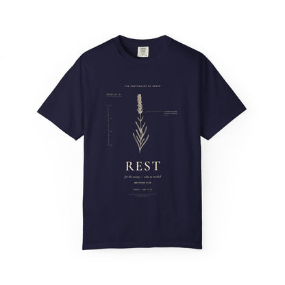 Rest - Vintage Botanical Scripture Unisex T-Shirt, Matthew 11:28 Bible Verse Tee, Christian Gift for Burnout, Editorial Faith Apparel