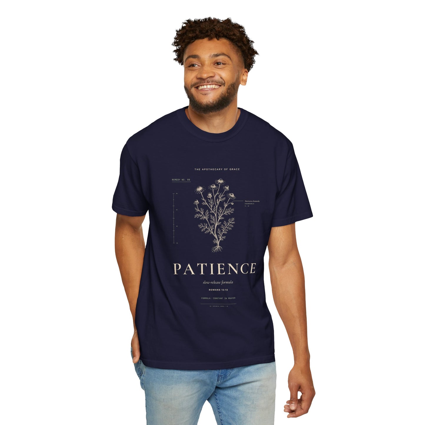 Patience - Vintage Botanical Scripture Unisex T-Shirt, Romans 12:12 Bible Verse Tee, Christian Gift for Waiting, Editorial Faith Apparel
