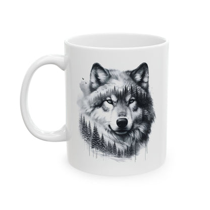 Monochromer Wolfswald – Weiße Tasse (325 ml/443 ml)