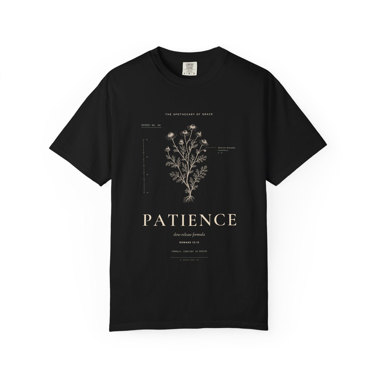 Patience - Vintage Botanical Scripture Unisex T-Shirt, Romans 12:12 Bible Verse Tee, Christian Gift for Waiting, Editorial Faith Apparel