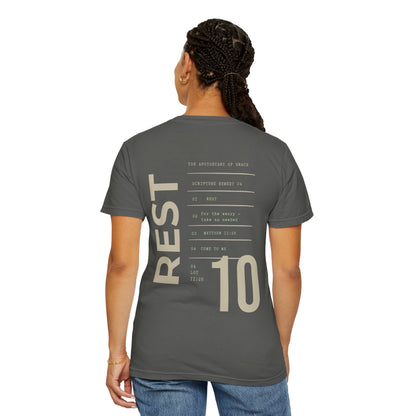 Rest - Personalized Number Scripture Unisex T-Shirt, Matthew 11:28 Bible Verse Tee, Christian Gift for Burnout, Modern Streetwear Faith