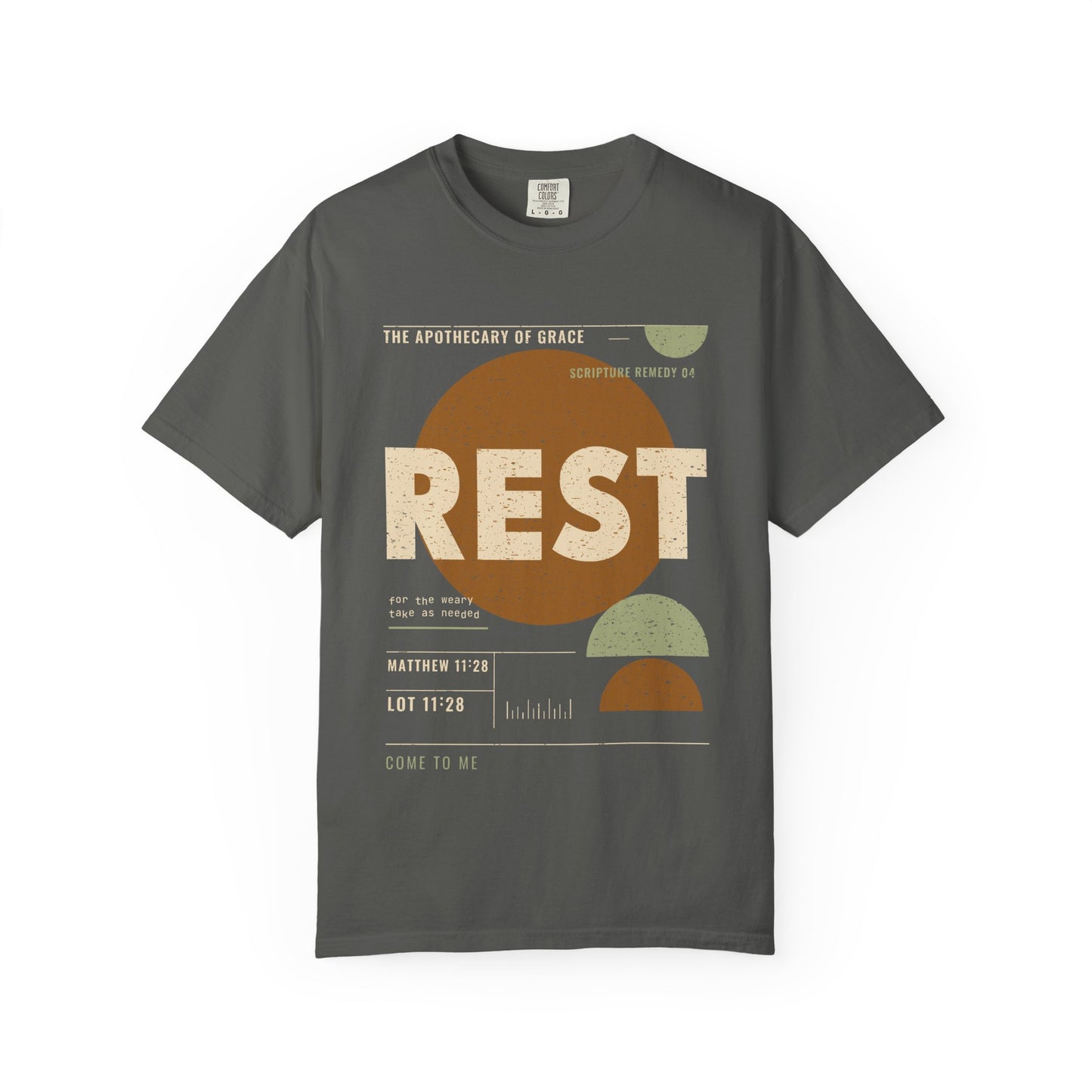 Rest - Retro Mid-Century Scripture Unisex T-Shirt, Matthew 11:28 Bible Verse Tee, Christian Gift for Burnout, Modern Graphic Faith Apparel
