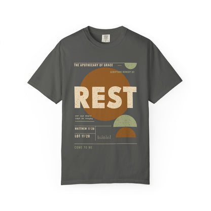 Rest - Retro Mid-Century Scripture Unisex T-Shirt, Matthew 11:28 Bible Verse Tee, Christian Gift for Burnout, Modern Graphic Faith Apparel