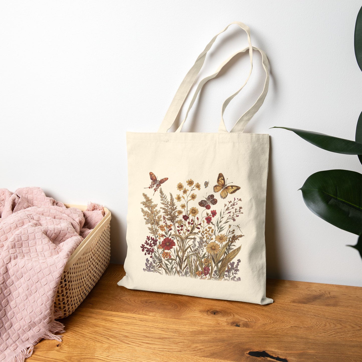 Wildblume & Schmetterling – Canvas-Einkaufstasche (2 Farben)