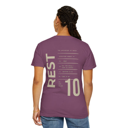 Rest - Personalized Number Scripture Unisex T-Shirt, Matthew 11:28 Bible Verse Tee, Christian Gift for Burnout, Modern Streetwear Faith