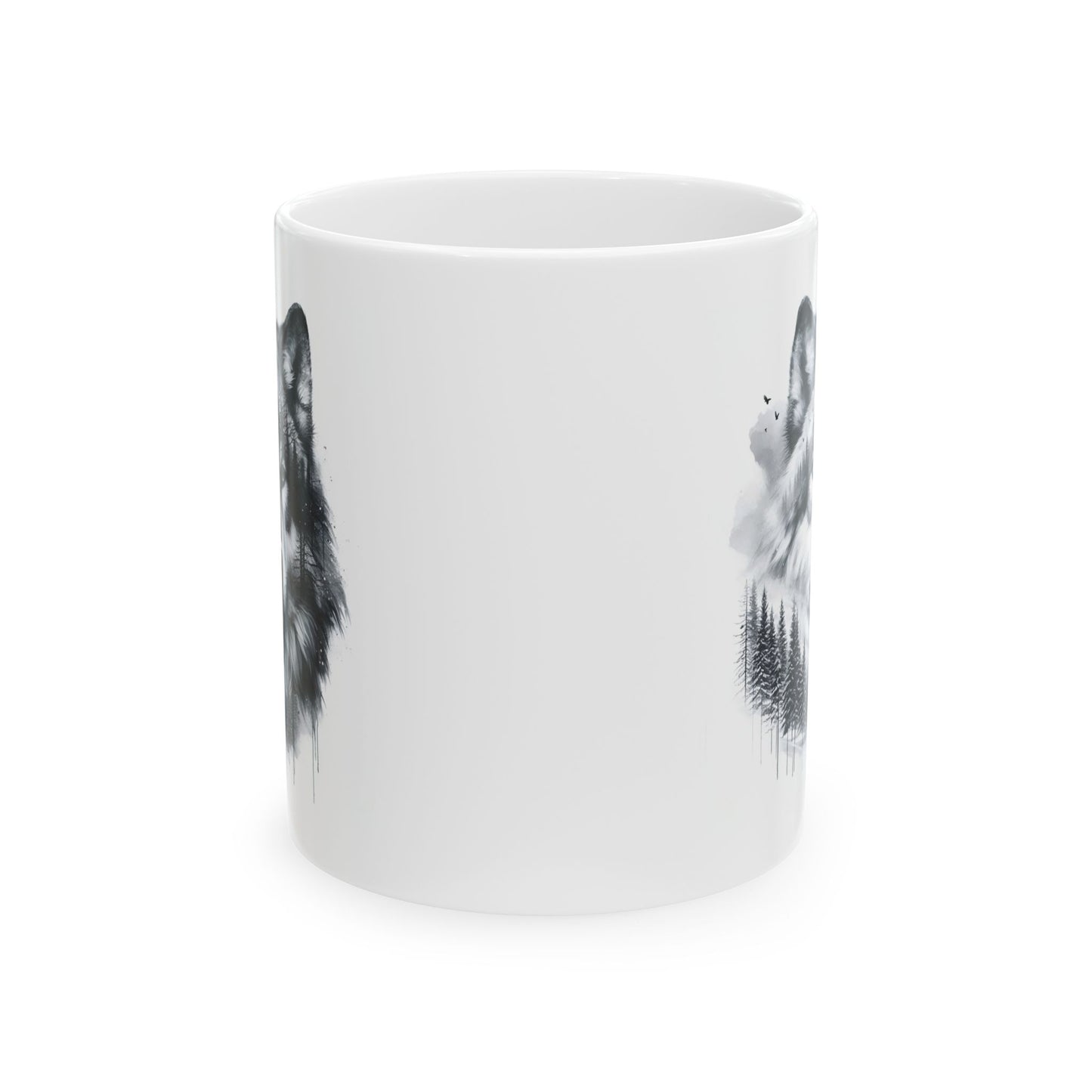 Monochromer Wolfswald – Weiße Tasse (325 ml/443 ml)