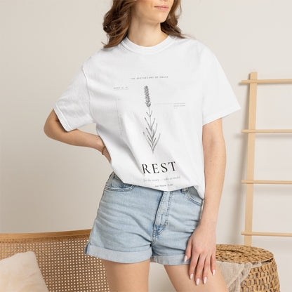 Rest - Vintage Botanical Scripture Unisex T-Shirt, Matthew 11:28 Bible Verse Tee, Christian Gift for Burnout, Editorial Faith Apparel