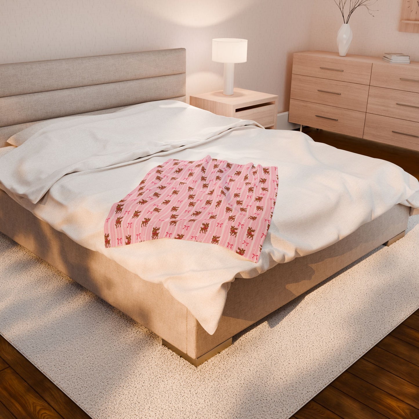 Reindeer and Pink Bows Velveteen Throw Blanket