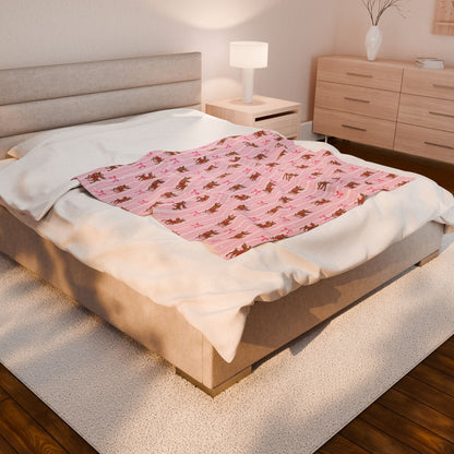 Reindeer and Pink Bows Velveteen Throw Blanket