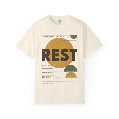 Rest - Retro Mid-Century Scripture Unisex T-Shirt, Matthew 11:28 Bible Verse Tee, Christian Gift for Burnout, Modern Graphic Faith Apparel