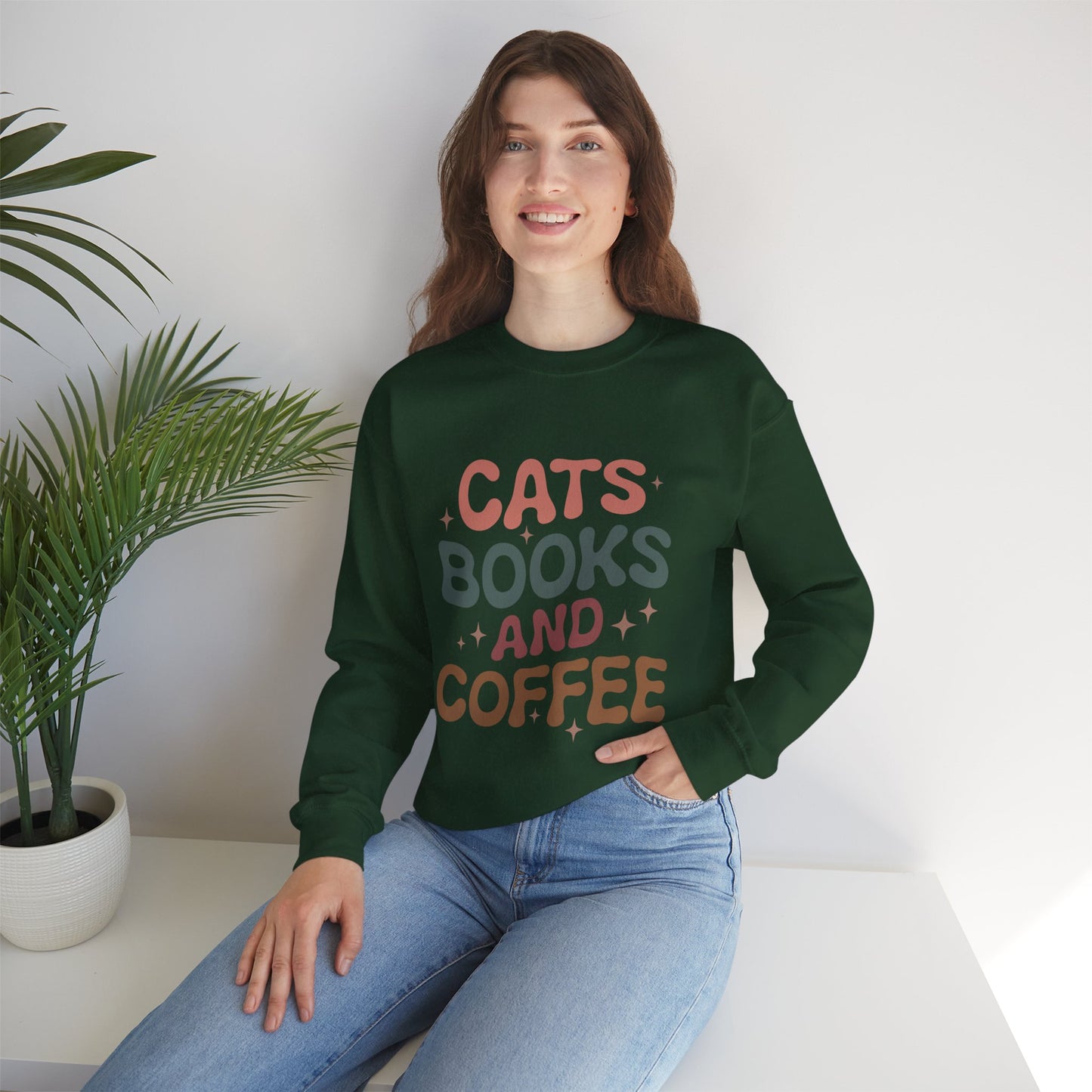 Katzen, Bücher und Kaffee Rundhals-Sweatshirt