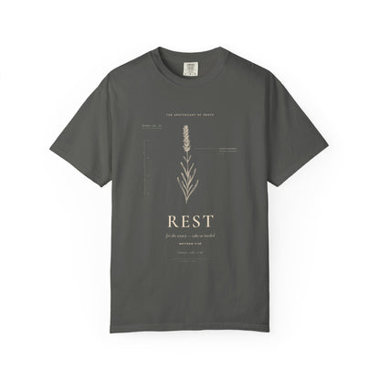 Rest - Vintage Botanical Scripture Unisex T-Shirt, Matthew 11:28 Bible Verse Tee, Christian Gift for Burnout, Editorial Faith Apparel
