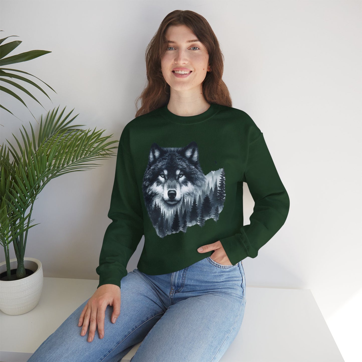 Mitternachtswolf Wald Unisex Rundhals-Sweatshirt