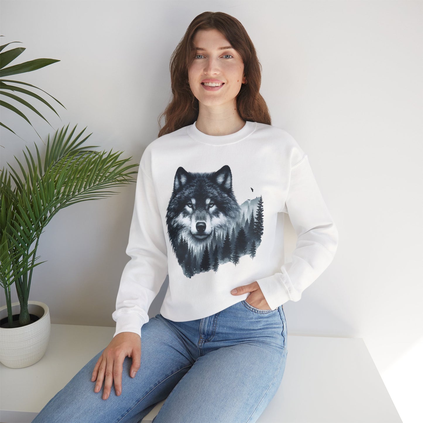 Mitternachtswolf Wald Unisex Rundhals-Sweatshirt